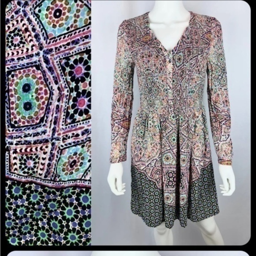 Anthropologie Maeve Medium Boho Geometric Print V-Neck Fit & Flare Dress NWOT